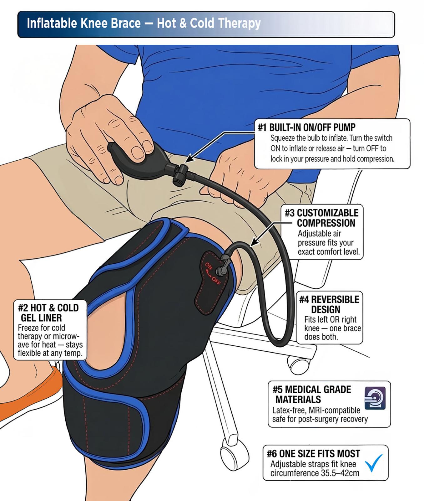 Gladiator Inflatable Hot & Cold Therapy Knee Brace – Air Bladder Compression, Dual Gel Liner + Spare, Breathable Moisture-Wicking Fabric | Pain Relief for Swelling, Arthritis, ACL & Post-Surgery Recovery